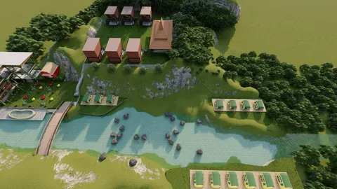 Visualisasi 3D joglo hall dan cottage Lobstersiana Dlundung, Trawas